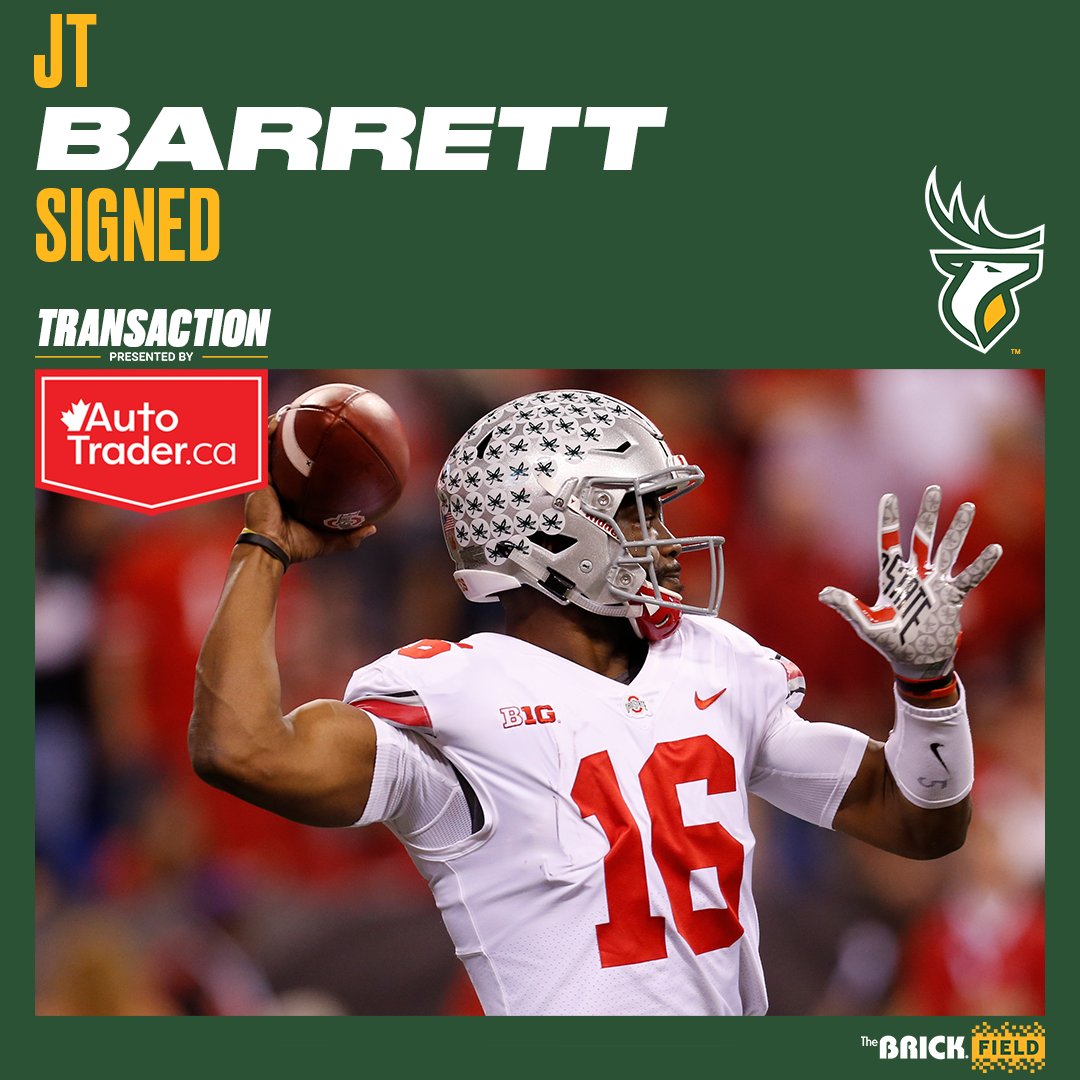 Elks sign former <a href="/OhioStateFB/">Ohio State Football</a> quarterback and College Football National Champion <a href="/JT_theQB4th/">Jt Barrett</a>!

Welcome to the Green and Gold! #AntlerUp #GoElks

Full details: bit.ly/3G9JrK7