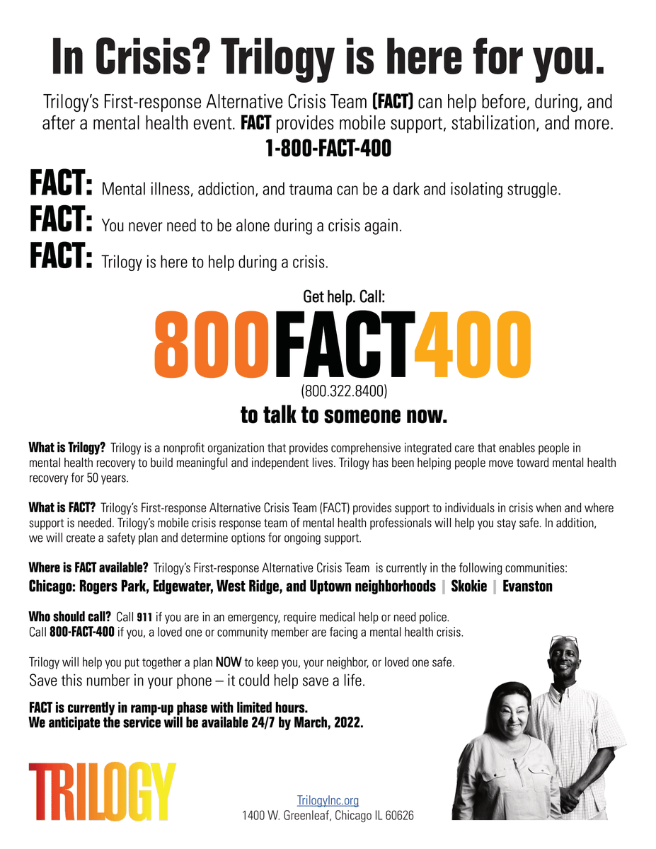 TrilogyBHC's tweet photo. In crisis? Trilogy can help. Please spread the word.  #RogersPark #Uptown #WestRidge #Edgewater  #Skokie  #Evanston #mentalhealthresources https://t.co/uNZYNKcEDJ