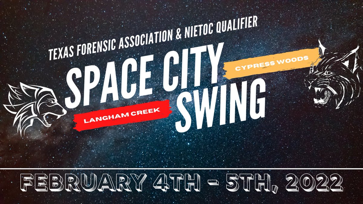 LanghamDebate's tweet photo. The Debate Teams of @langhamcreekhs and @CyWoods212 invite you to join us this Feb 4-5th at the Space City Swing! We look forward to hosting over 600 competitors at one of the largest tournaments in the state! It's a great opportunity to earn some state points or a NIETOC bid! https://t.co/fk02LUcGPy