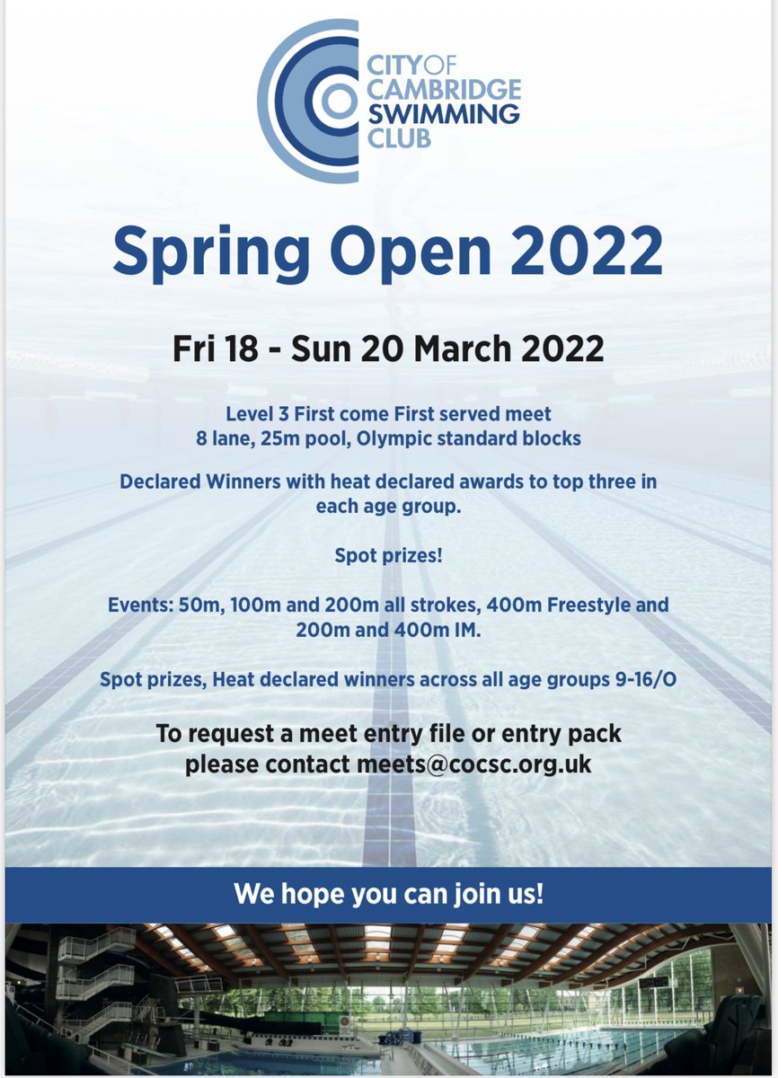 CoCambridgeSC's tweet image. WE ARE BACK- Save the date. 
The Cambridge Spring Open Meet returns, 
Friday 18th - Sunday 20th March. 
Come &amp;amp; Join us for some fun!!!!

To request a meet entry file or entry pack
please contact meets@cocsc.org.uk
#CoCSC #weareback #racing #springopen #cambridge #swimming