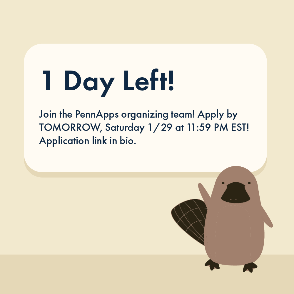 📌 There's only 1 day left until applications to join the PennApps organizing team close! 📌

Apply now at this link: tinyurl.com/pennapps22app