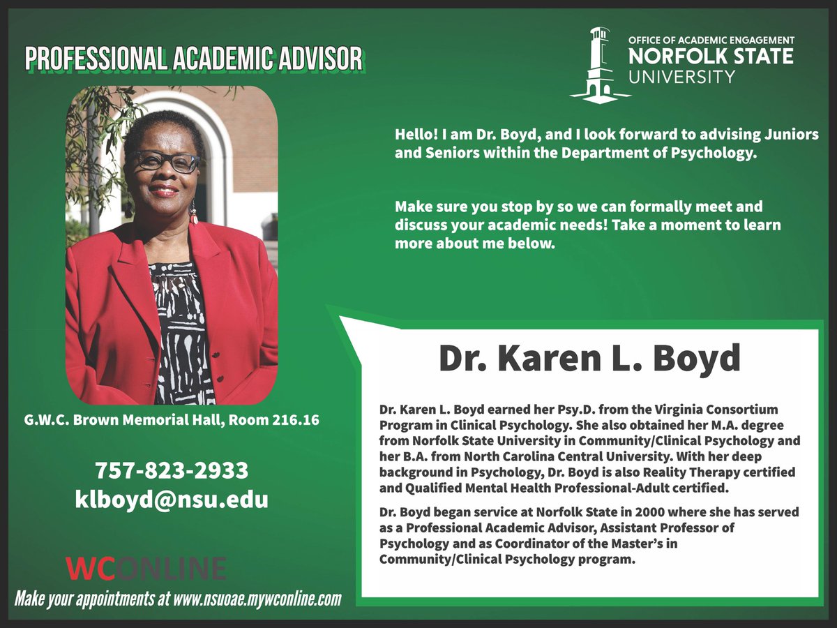 OAENSU's tweet photo. Introducing, Departmental Professional Academic Advisor Dr. Boyd in the Department of Psychology! @Norfolkstate https://t.co/HLdn9WUq6E