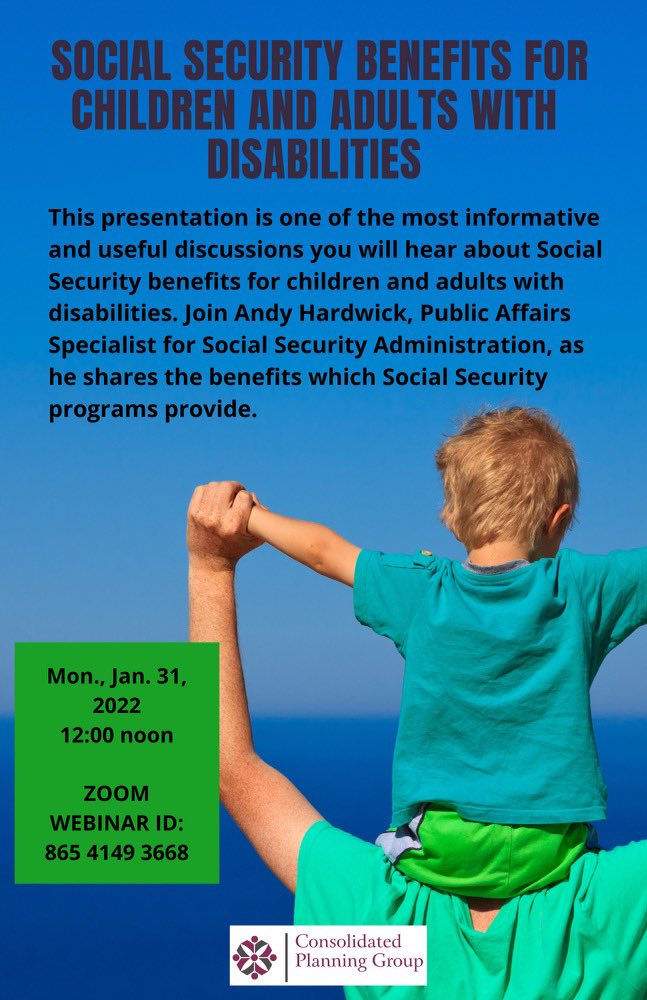 This presentation is one of the most informative discussions you will hear about Social Security benefits for children and adults with disabilities. Register today to hear from Andy Hardwick, Public Affairs Specialist for Social Security Administration

us06web.zoom.us/webinar/regist…