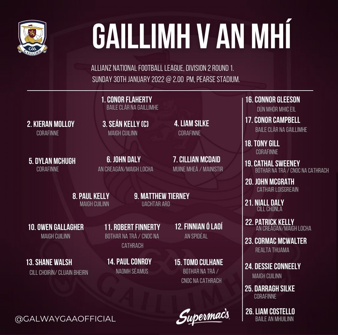 RnaG Spórt (@sportrnag) on Twitter photo Tá cúl báire, <a href="/ClaregalwayGaa/">Claregalway GAA / LGFA</a>, Conor Flaherty, triúr as <a href="/maighcuilinn/">Maigh Cuilinn</a>, Seán & Pól Ó Ceallaigh & Eoin Ó Gallchóir, chomh maith le imreoir <a href="/CLG_AnSpideal/">CLG An Spidéal</a>, Finnian Ó Laoi ainmnithe ar fhoireann peile <a href="/Galway_GAA/">Galway GAA Official</a> do chluiche sraithe náisiúnta an Domhnaigh i gcoinne <a href="/MeathGAA/">Meath GAA</a> Tá cúl báire, <a href="/ClaregalwayGaa/">Claregalway GAA / LGFA</a>, Conor Flaherty, triúr as <a href="/maighcuilinn/">Maigh Cuilinn</a>, Seán & Pól Ó Ceallaigh & Eoin Ó Gallchóir, chomh maith le imreoir <a href="/CLG_AnSpideal/">CLG An Spidéal</a>, Finnian Ó Laoi ainmnithe ar fhoireann peile <a href="/Galway_GAA/">Galway GAA Official</a> do chluiche sraithe náisiúnta an Domhnaigh i gcoinne <a href="/MeathGAA/">Meath GAA</a>