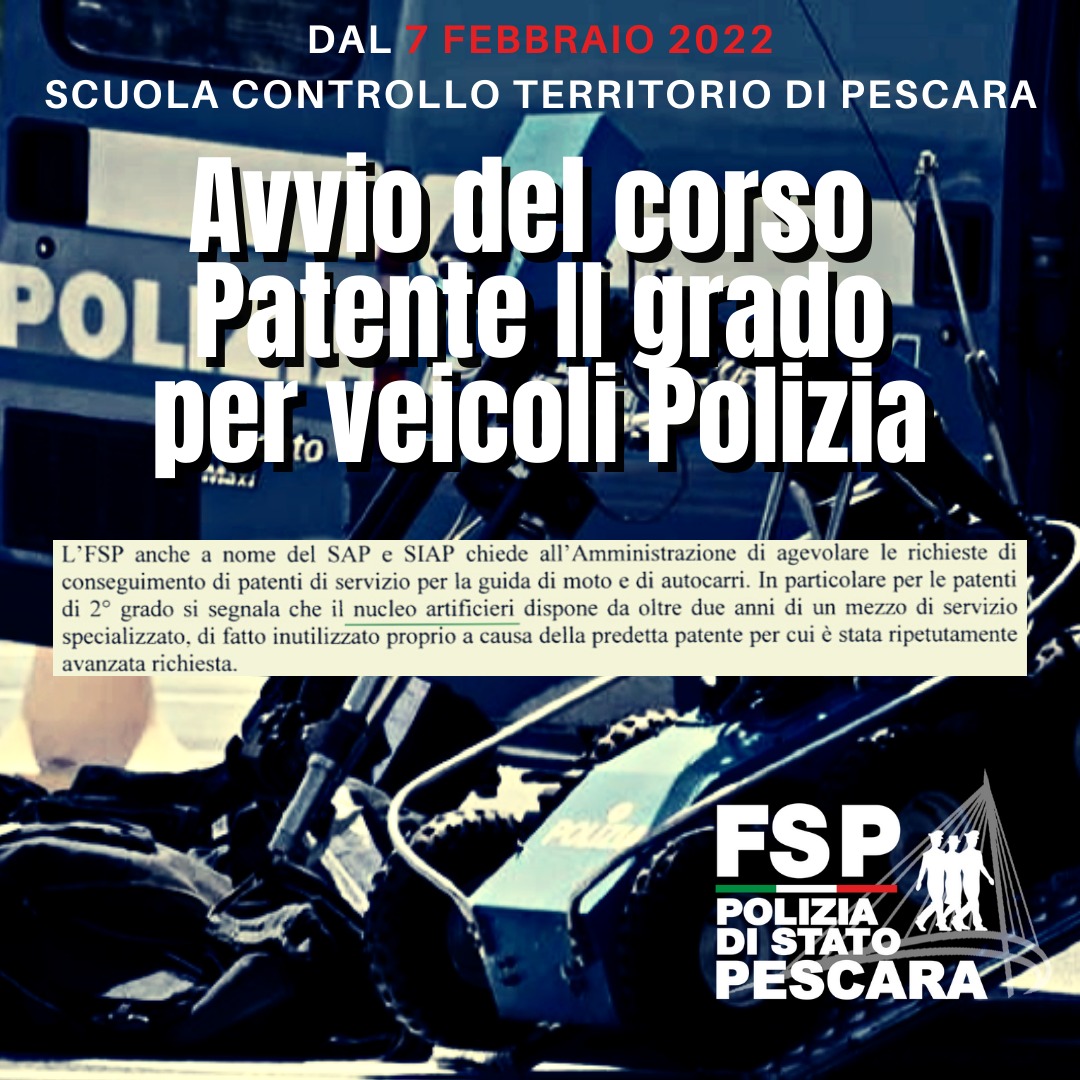 Grazie al nostro intervento il 7 febbraio inizierà il corso per il conseguimento della Patente di II grado per i veicoli di Polizia che consentirà anche al personale del Nucleo Artificieri di utilizzare pienamente il mezzo di servizio specializzato.
#sempredallapartedeipoliziotti
