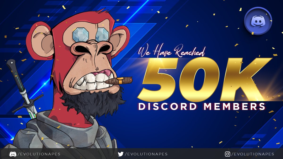 CONGRATULATIONS ON 50K DISCORD MEMBERS🔥

To celebrate it, we are giving away 100 #Whitelist positions! 🥼

To WIN 👇

1️⃣ Follow <a href="/EvolutionApes/">Evolution Apes</a>
2️⃣ RT, Like &amp; Tag 3 Frenss 🚀
3️⃣ Join our discord.gg/evolutionapes

Winners in 24 HOURS ⏰