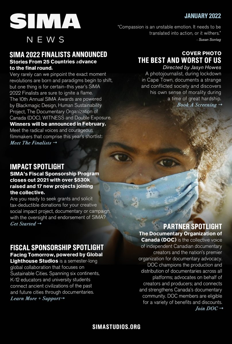 SIMAawards's tweet photo. SIMA NEWS | January 2022

Featuring our amazing finalists, a fiscal sponsorship milestone—over $530k raised in 2021!—and our friends over at @GlobalLighthou3 and @DOCorg 

Read more! —> https://t.co/ZM3hAsEVO6 https://t.co/bNOtkYEy5m