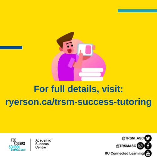 Hello, tutoring fans!
ASC Peer Tutoring begins on Monday, January 31st at 1 PM. We will offer small-group tutoring for ACC100, ACC406, FIN300, FIN401, LAW122, and QMS210. Pre-registration is required - full details are available on our website: ryerson.ca/trsm-success-t… 📚 ✏