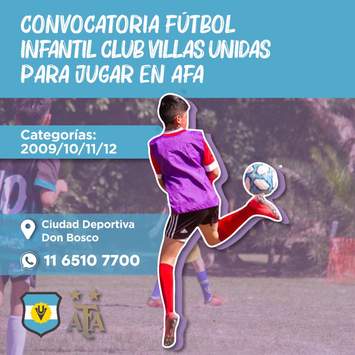 Seguimos armando las infantiles de varones del Club. ¡Si te interesa contactanos! 
•
Categorías 2009/10/11/12

#VillasUnidas
#DesdeElPie
#FutbolInfantil