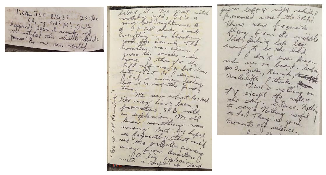 engineertorres's tweet photo. Jan 28, 1986: I was at #NASAJSC watching 51-L launch. I had my journal; wrote everything I saw. Photo is portion of my account of tragically historic day. #Challenger #NASA #spaceshuttle #womeninengineering #womeninSTEM #aerospace #rockets #exploration https://t.co/S838PdE4vo