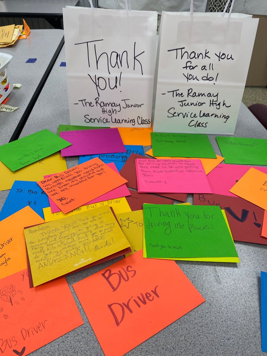 Students in Mrs. Kennedy's Leadership and Service Learning class at Ramay Junior High School wrote thank you letters to bus drivers in the district to let them know how much they are appreciated. #CTEinFPS @ramaypride1 @RamayRocks @fayar #servicelearning #thankyoubusdrivers