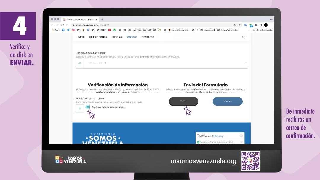 Regístrate en el Movimiento Somos Venezuela y se parte de nuestras Redes de Articulación Social. Ingresa a través de nuestra página Web al formulario de REGISTRO y se parte del Movimiento de Movimientos, el del QR Tricolor.
msomosvenezuela.org/registro/