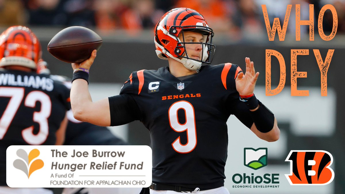 Ohio_SE's tweet photo. Are you rooting for the @Bengals this weekend? Join us in making a donation to @JoeyB’s Hunger Relief Fund at the Foundation for Appalachian Ohio – if the @Bengals win, we’ll double our donation! https://t.co/9QbwiOqYsK #ReptheMidwest #NFLPlayoffs #WeAreOhioSE @GrowCincyUSA https://t.co/egt3DRVeyk