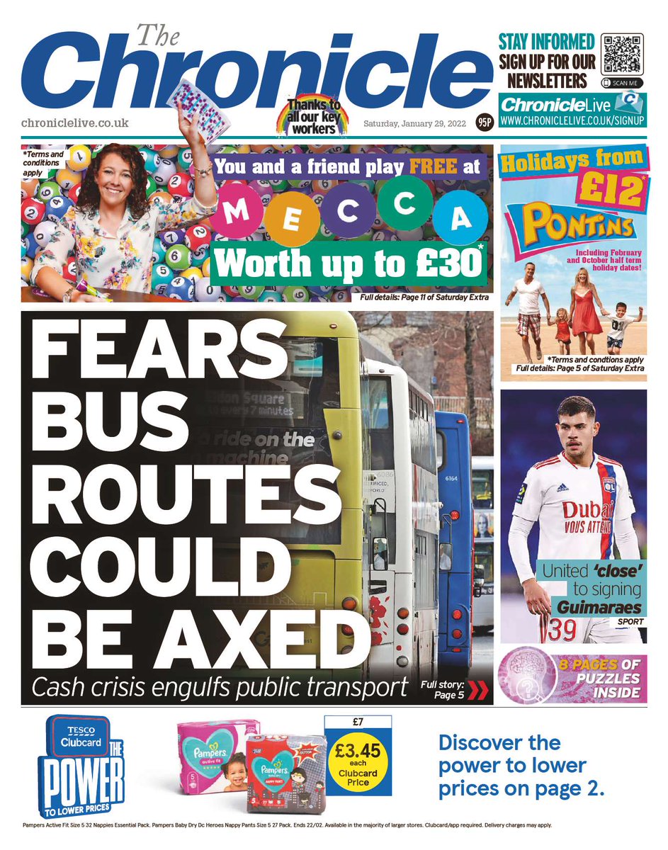 Saturday's <a href="/ChronicleLive/">The Chronicle</a> front page:
North East bus journeys could be cut by 17% as a result of a devastating cash crisis
bit.ly/3gbRdIE
Also #NUFC close in on Bruno Guimarães signing
#TomorrowsPapersToday