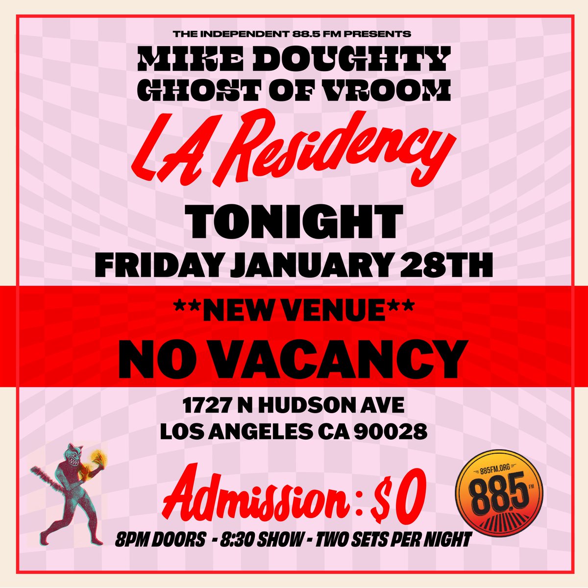 Mike_Doughty_'s tweet photo. FROM HQ: *VENUE CHANGE* Due to a water main break, tonight's Mike Doughty / @GhostOfVroom show is now taking place at @NoVacancyLA located at 1727 N Hudson Ave, L.A. CA 90028. Don't miss out on @Bmartin63 sitting in w/ Mike &amp; the band! Doors at 8, show at 8:30, $0 admission. https://t.co/2ehvXjtwuE