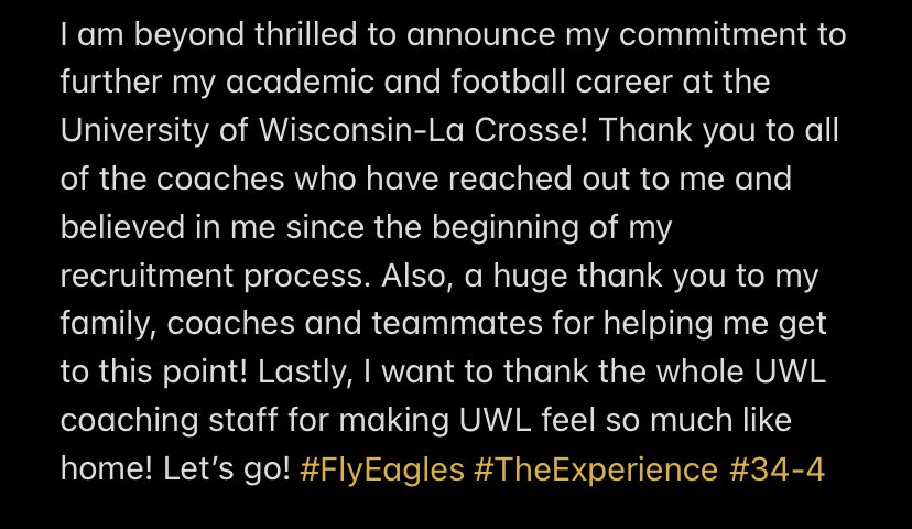 Committed! 🦅 #TheExperience <a href="/UWLEagleFB/">UW-La Crosse Football</a> @UWLCoachRisch <a href="/CoachBWhitehead/">Bryan Whitehead</a> @UWLCoachJanus @CoachMacUWL <a href="/AndrewMcGlenn/">Andrew McGlenn</a>