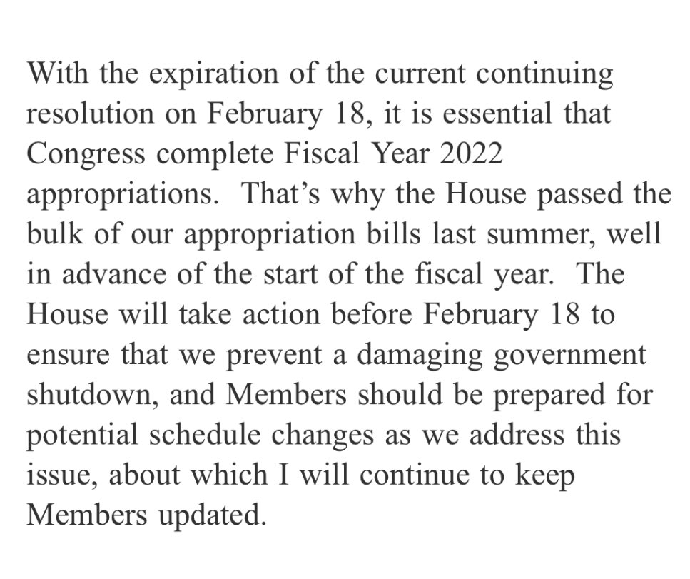bresreports's tweet photo. With government funding expiring on Feb. 18, and the House supposed to be out of session that week, ⁦@LeaderHoyer⁩ warns members the House schedule may change to deal with situation https://t.co/jsx5EoTdIp