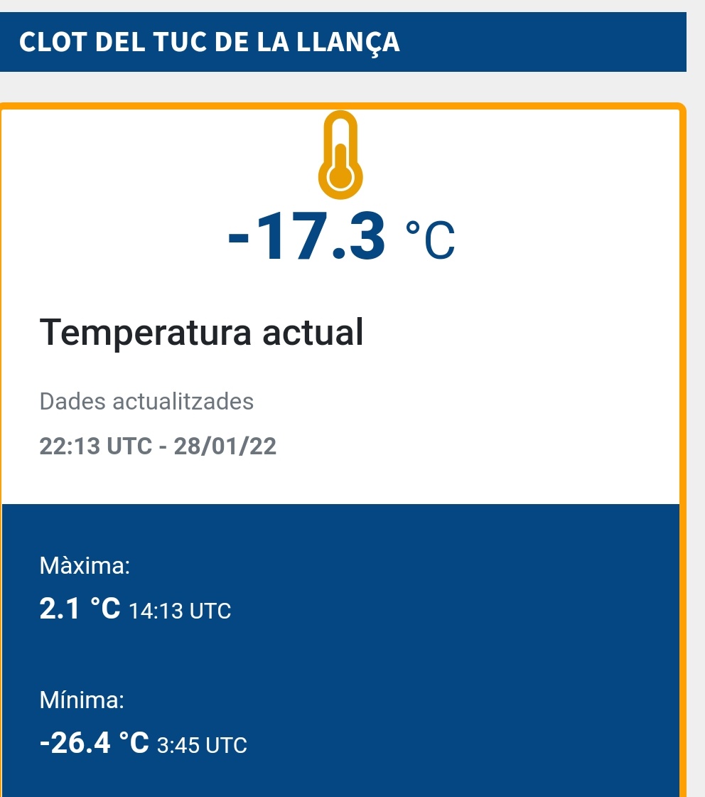Vakapiupiu's tweet photo. +23° Mieres Tmax de Catalunya
-26°C al Clot Tuc de la Llança Tmin
Tot aixó en unes 12 hores de diferència 28 #gener2022 https://t.co/C2SqWxpHFC