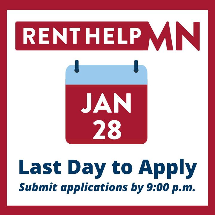 mnhousing's tweet photo. Today is the last day to apply for emergency rental assistance through RentHelpMN. Visit https://t.co/ZmxpMAzLlo to complete your application. Applications close at 9:00 p.m. https://t.co/zmkwk4CTov