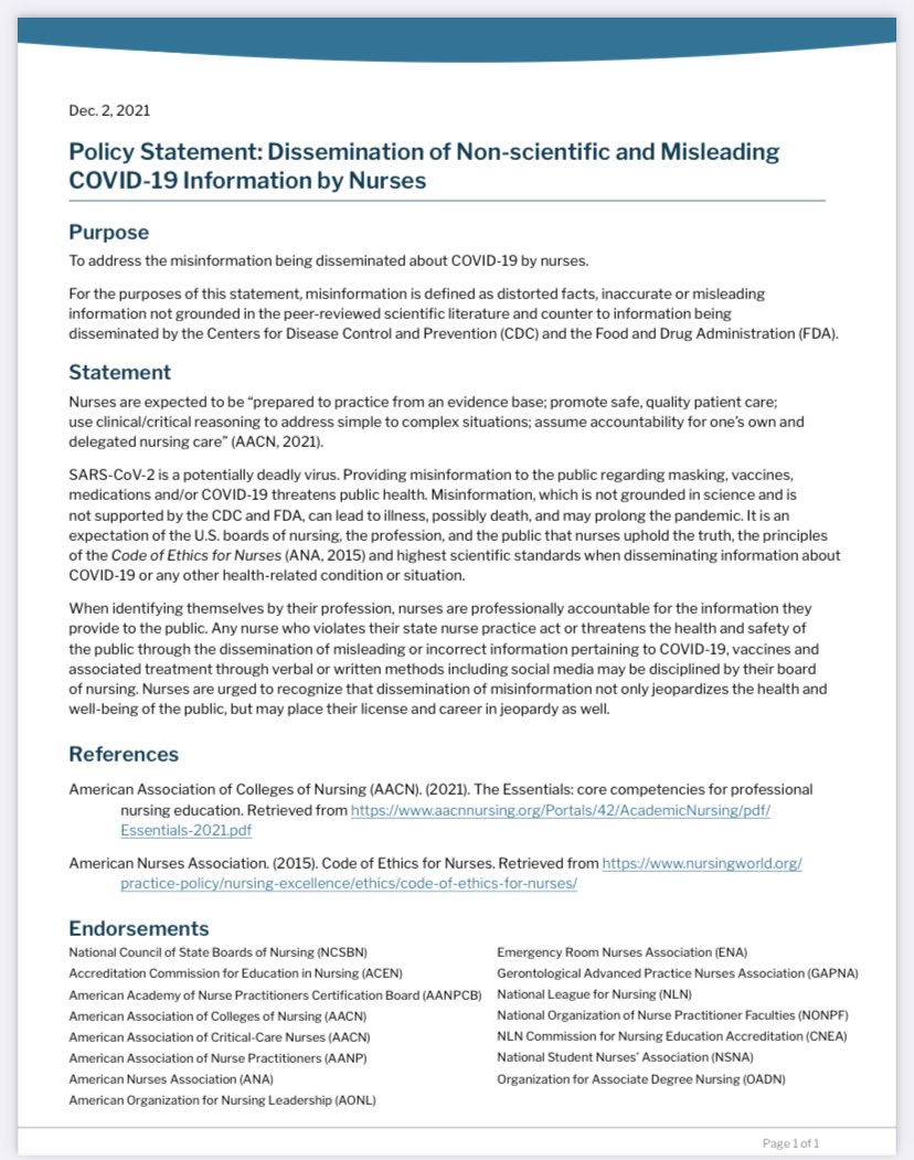 ANA, NCSBN &amp; 5 other leading nursing organizations issued a policy brief addressing misinformation disseminated by nurses r/t COVID-19. Thank you 😷