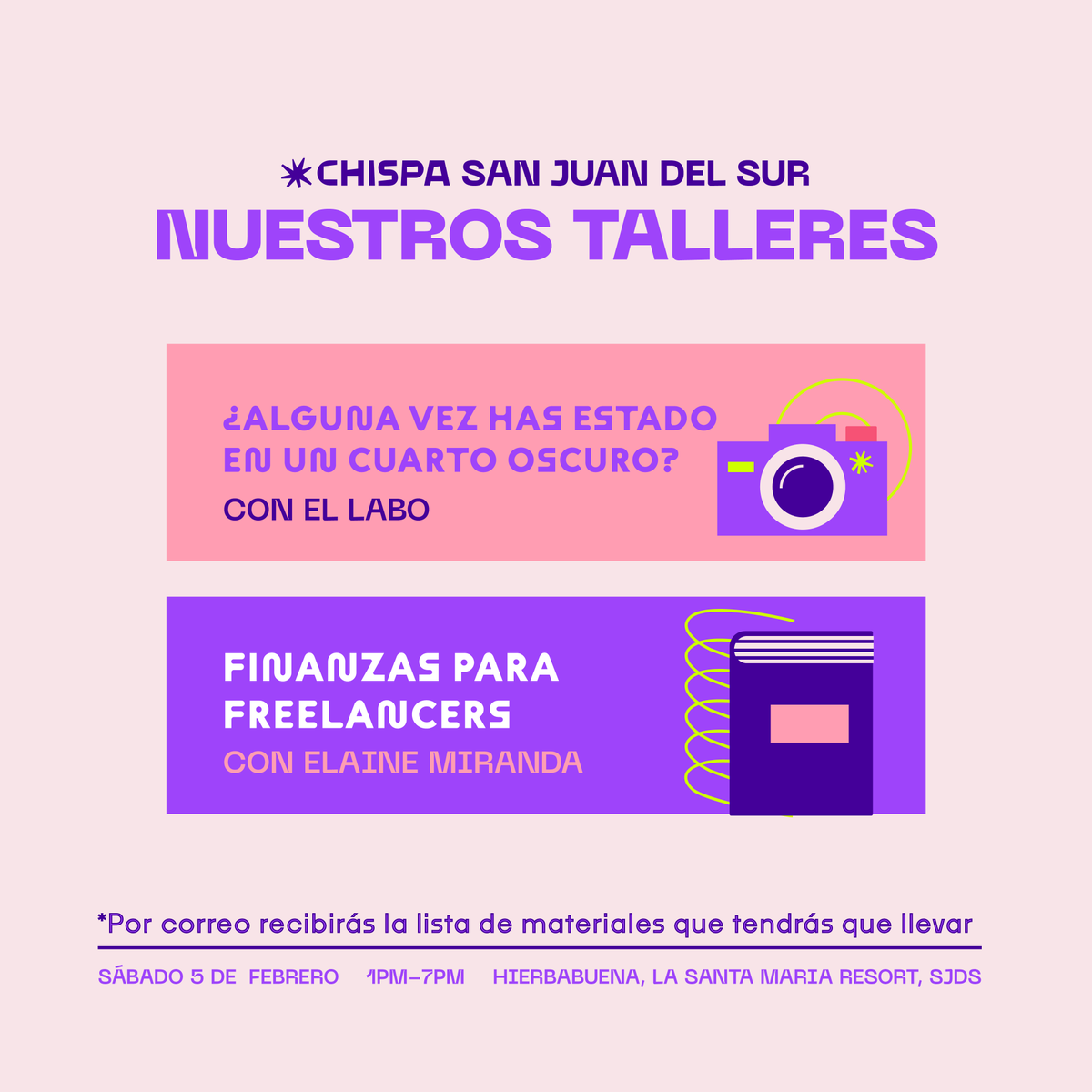 chispafest's tweet photo. ¿Ya elegiste a cuál de nuestros talleres asistir? Andá a https://t.co/iN1qz5ar7n y conocé más sobre ellos. 

#chispafest #chispa #chispasjds #talleres #chispatalleres #fotografiaanaloga #finanzaspersonales #freelance https://t.co/uKwvUshO10