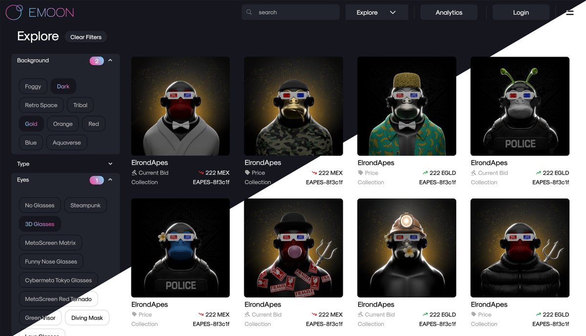 eMoonSpace's tweet photo. We are down, don't worry, all NFTs are safe 🙏
Meanwhile, here's a look at the collection page in eMoon v2 👀.
@ElrondApes are looking pretty good on our new UX.👀 https://t.co/Cx23pohcZD