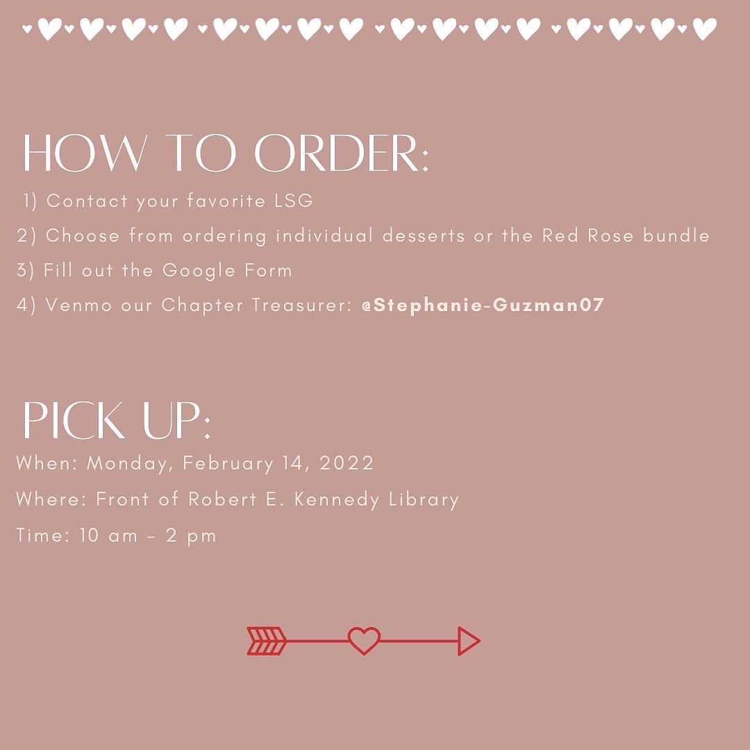 LSG_CalPoly's tweet image. Looking for something sweet this Valentine’s Day?👀Come buy your treats from your favorite LSG🥰

We will be hosting a Valentine’s Day fundraiser starting Jan. 28 - Feb. 11💕Get your orders in and pick from a variety of desserts. Link in bio to order!