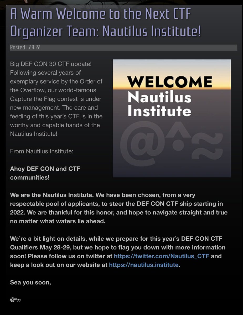 perribus's tweet image. Some personal? professional? news: I&apos;m extremely excited to set sail with the Nautilus Institute as we embark on our voyage as the newest organizers of @defcon CTF. defcon.org