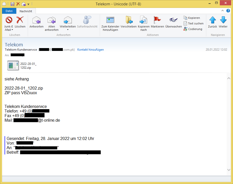 Die #Schadsoftware #Emotet hat heute wieder E-Mails in deutscher Sprache beantwortet. Hier zwei Beispiele mit passwortgeschützten ZIP-Archiven, die eine Excel-Datei enthalten. Öffnet nicht die Anlage!

bazaar.abuse.ch/sample/80640ac…

app.any.run/tasks/81661abc…