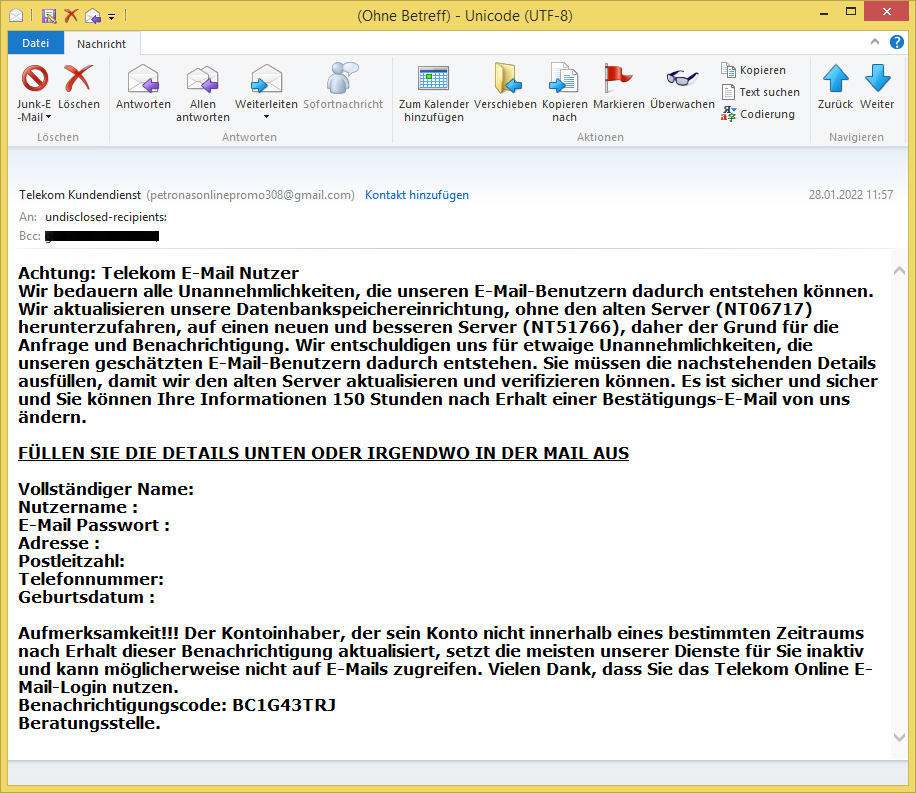 Eine #Phishing - Mail muss keinen Link enthalten. Hier mal ein Beispiel, in dem unbekannte Dritte um Antwort per E-Mail bitten. Tragt keine Daten ein! Antwortet nicht auf die E-Mail!
