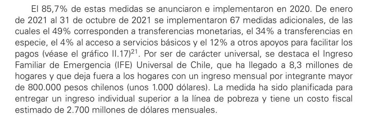 Informe <a href="/cepal_onu/">CEPAL</a> #PanoramaSocial2021 destaca Gob. de Pdte <a href="/sebastianpinera/">Sebastian Piñera</a> en pandemia, impulsando #RedDeProtección e #IFEUniversal q mitigó y atenuó impacto socioeconómico y social en 👨‍👩‍👧‍👦🇨🇱, c/entrega de montos +altos de Latinoamérica y únicos sobre línea de la pobreza en 2021.