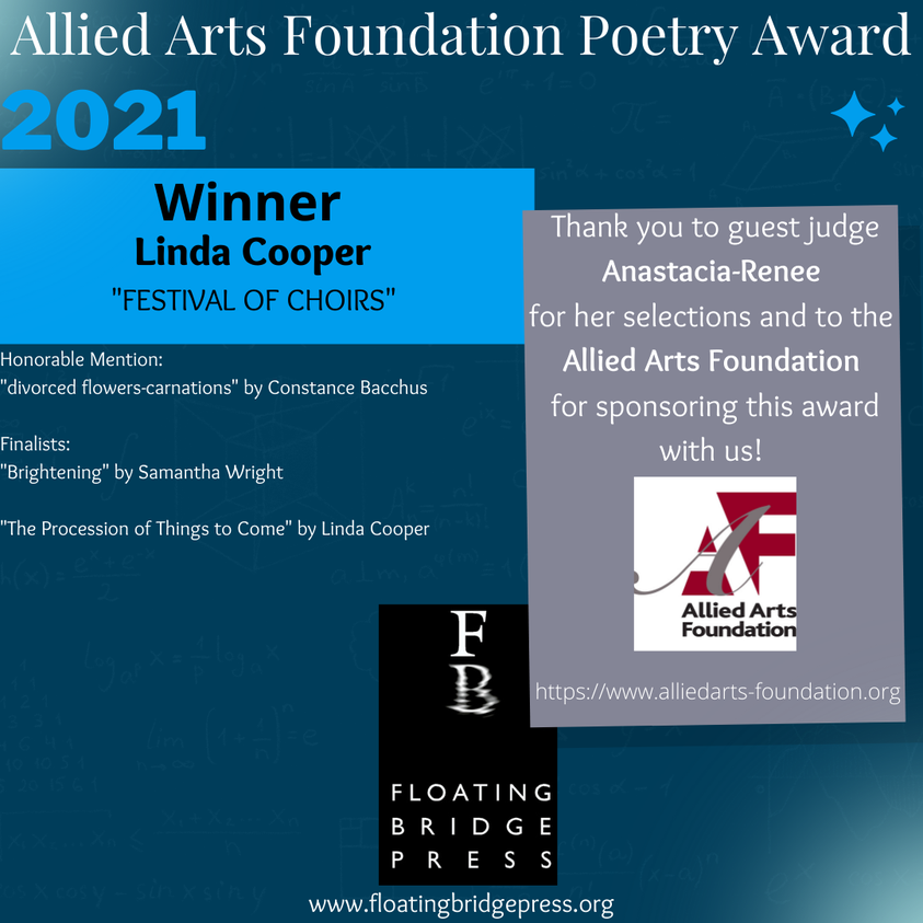 AlliedArtsFdn's tweet photo. Congratulations to Linda Cooper, winner of the 2021 Allied Arts Foundation Poetry Award, coordinated by our wonderful partner @fbpress.  Many thanks to guest judge @AnastaciaRenee2  for all her work in making this award possible! https://t.co/BHaPu0CABb