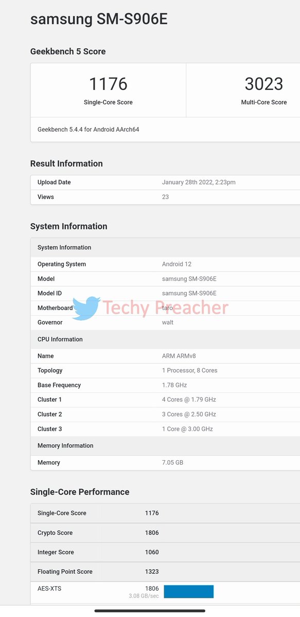 TechyPreacher's tweet photo. Latest benchmark scores for International Snapdragon 8 Gen 1 variant of Galaxy S22+ Spotted on the GeekBench.
8GB RAM
Snapdragon 8 Gen 1
Android 12
Single score- 1,176
Multi score- 3,023
#s22plus
#s22ultra
#s2201
#s22 https://t.co/cQmkzbcZma