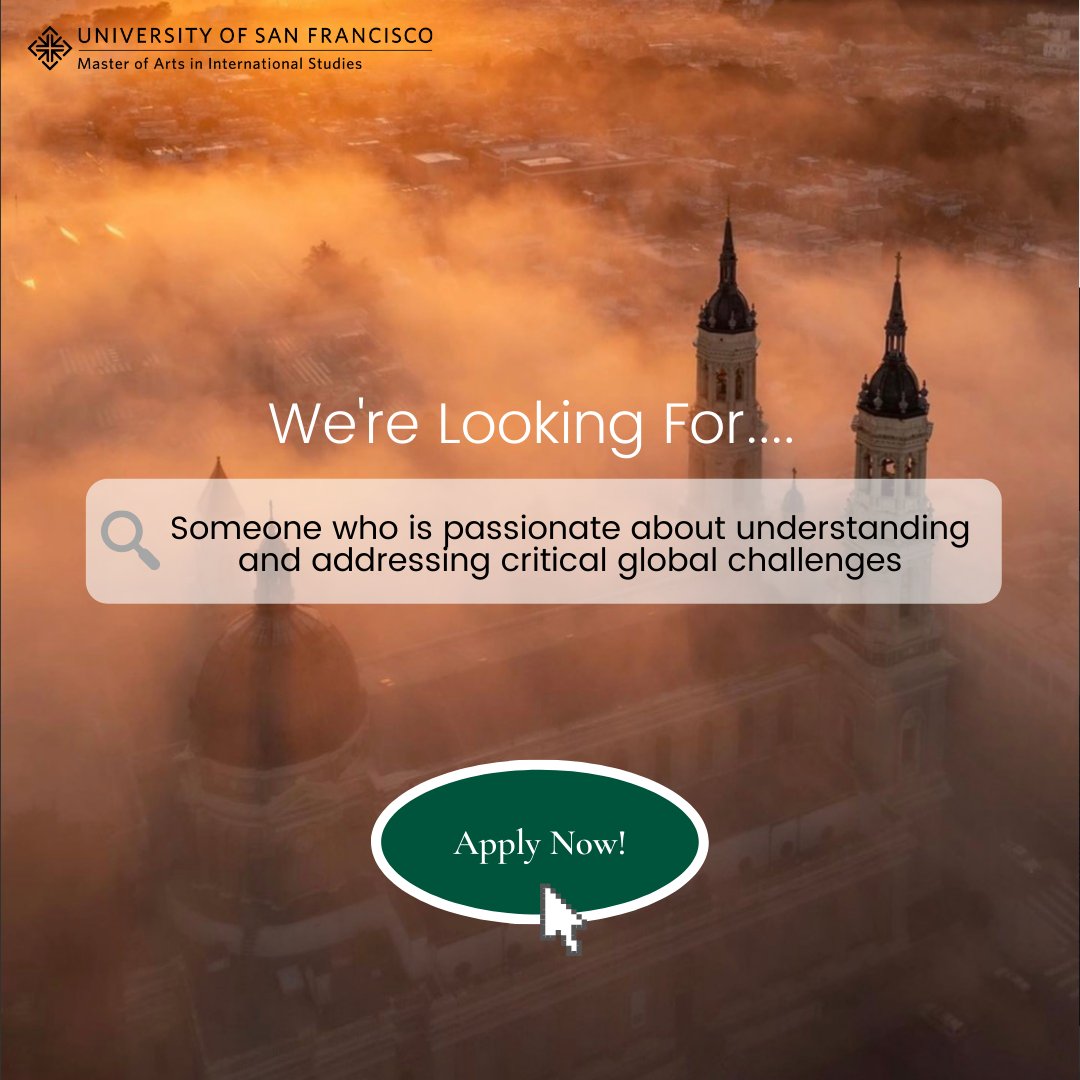 Interested in the world's problems? Come tackle these and more today, by applying to USF's MA in International Studies! Our Priority Deadline is February 15th. Apply at the link below!
usfca.edu/arts-sciences/…