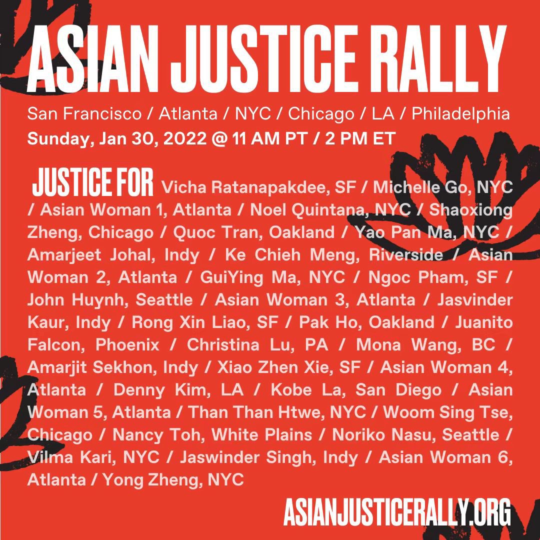 Join <a href="/StandwithAAs/">Stand with Asian Americans</a> our nationwide movement to fight for Asian justice on January 30th, 2022. #breakthesilence #asianjusticerally #unitedwestand #fightforjustice #protectourelders  #justiceforasians #stopasianhate