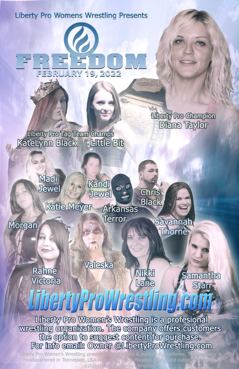LibertyProWres's tweet photo. Feb. 19 #LibertyProFreedom! Visit the #LibertyProShop (https://t.co/9rEQHTnQ4p) for info! With:
⭐Diana Taylor
⭐KateLynn Black
⭐Little Bit
⭐Rahne Victoria
⭐Valeska
⭐Nikki Lane
⭐Samantha Starr
⭐Savannah Thorne
⭐Kandi Jewel
⭐Madi Jewel
⭐Katie Meyer
...and more! https://t.co/F6eLHLnWxP