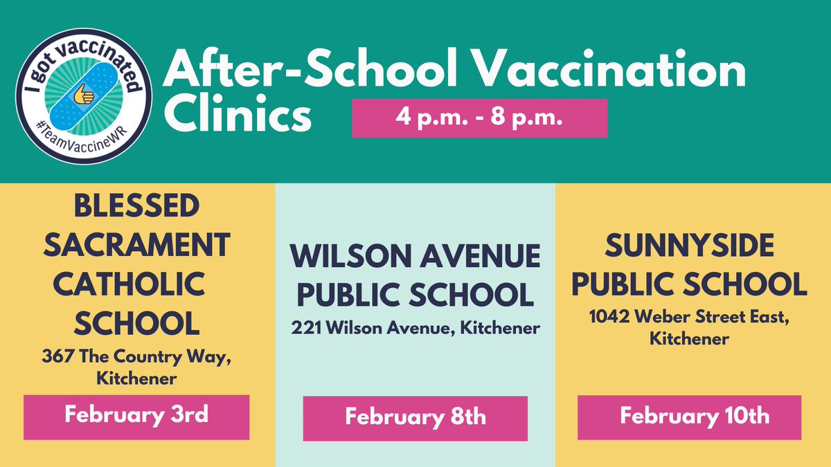 The <a href="/RegionWaterloo/">Region of Waterloo</a> has once again partnered with local school boards to offer full-day and after-school vaccination clinics. 

Visit our website to find out more about the participating locations and book an appointment today!

🔗regionofwaterloo.ca/ChildrenVaccine

<a href="/wrdsb/">Waterloo Region DSB</a> <a href="/WCDSBNewswire/">WCDSB</a>