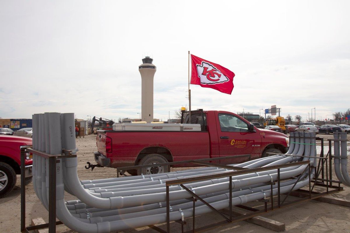 BuildKCI's tweet photo. The #BuildKCI @KCIAirport New Terminal team stands with the @Chiefs on this #RedFriday! Go #Chiefs! #ChiefsKingdom #ChiefsRedFriday https://t.co/YQDyF5QfLM