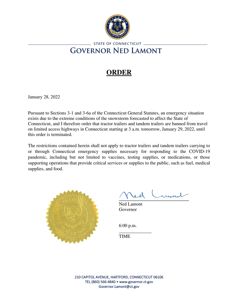 GovNedLamont's tweet photo. ⚠️UPDATE: I've just signed the order implementing a tractor trailer travel ban due to the anticipated severe winter storm.

We've decided to implement it slightly earlier than previously announced, and it will now go into effect at 3AM on Saturday, remaining until further notice. https://t.co/pkHlEvXoB2