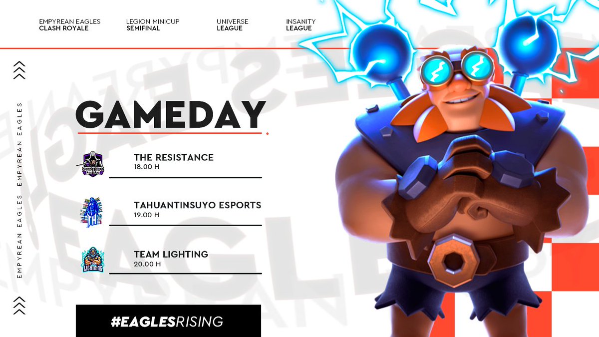 Empyrean Esports (@empyrean_esp) on Twitter photo #CR | GAMEDAY
En minutos comienza nuestra jornada con 3 partidos .
๐<a href="/Legion_League_/">Legion</a>
๐<a href="/NewResistance_/">TheResistance</a> (Cantera)
โ 6 pm ๐ฒ๐ฝ
๐ Semifinal
๐<a href="/league_universe/">universe</a>
๐<a href="/TahuantinsuyoE/">Tahuantinsuyo Esports</a>
โ 7 pm ๐ฒ๐ฝ
๐<a href="/InsanityLeague_/">Insanity League</a>
๐<a href="/TeamLightning8/">Team Lightning</a>
โ8 pm ๐ฒ๐ฝ
๐8๏ธโฃvos de Final
#EAGLESRING #CR | GAMEDAY
En minutos comienza nuestra jornada con 3 partidos .
๐<a href="/Legion_League_/">Legion</a>
๐<a href="/NewResistance_/">TheResistance</a> (Cantera)
โ 6 pm ๐ฒ๐ฝ
๐ Semifinal
๐<a href="/league_universe/">universe</a>
๐<a href="/TahuantinsuyoE/">Tahuantinsuyo Esports</a>
โ 7 pm ๐ฒ๐ฝ
๐<a href="/InsanityLeague_/">Insanity League</a>
๐<a href="/TeamLightning8/">Team Lightning</a>
โ8 pm ๐ฒ๐ฝ
๐8๏ธโฃvos de Final
#EAGLESRING