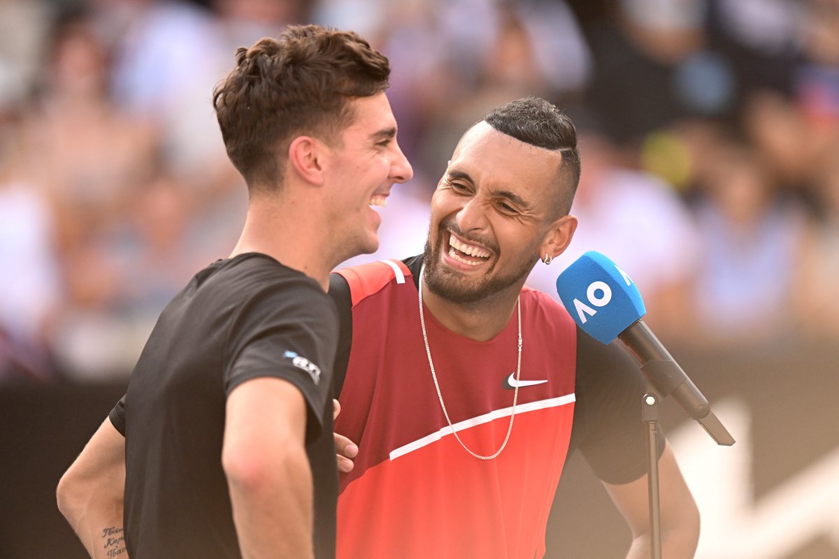 AustralianOpen's tweet photo. How it started:                             How it's going:

@NickKyrgios · @TKokkinakis · #AusOpen · #AO2022 https://t.co/qmFwFrdXxG