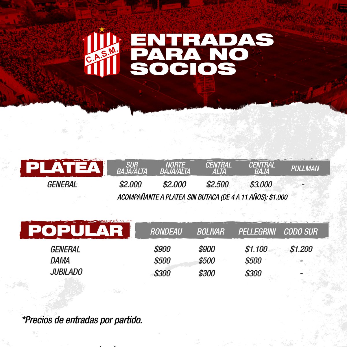 CASMOficial's tweet photo. 🔴⚪#SociosySocias

¡ABONOS TEMPORADA 2022! 

Compartimos los precios de los abonos para el próximo Torneo Primera Nacional. Los mismos comenzarán a venderse de manera online por nuestra web a partir del miércoles 2 de febrero. https://t.co/6UjlHrae6B