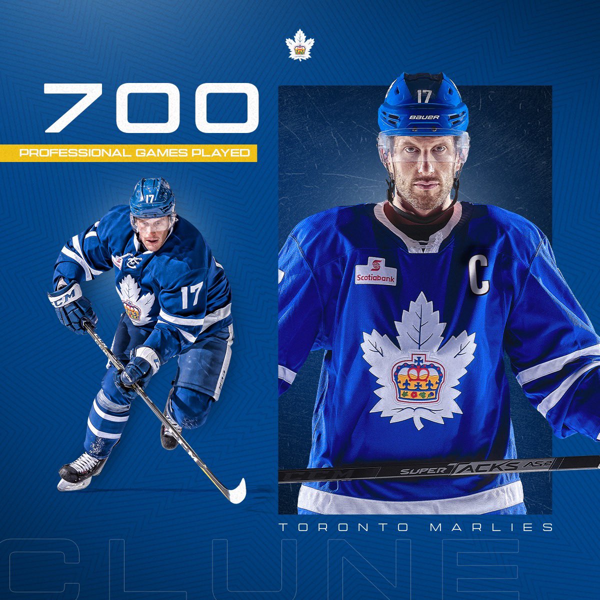 TorontoMarlies's tweet photo. 7️⃣0️⃣0️⃣ pro games for Captain Clune 🎉

#MarliesLive https://t.co/9J0Eg5n7j0