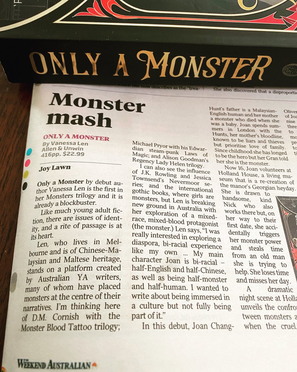 joylawn1's tweet photo. My review of debut Oz YA #onlyamonster by #vanessalen in the @WeekendOz The hero is the ‘monster’, the one told she is ‘other’ and ‘different’, who is underestimated and unrepresented. @AllenAndUnwin @LoveOzYA #debutYA #monsterstrilogy https://t.co/KMtZMzVDqz