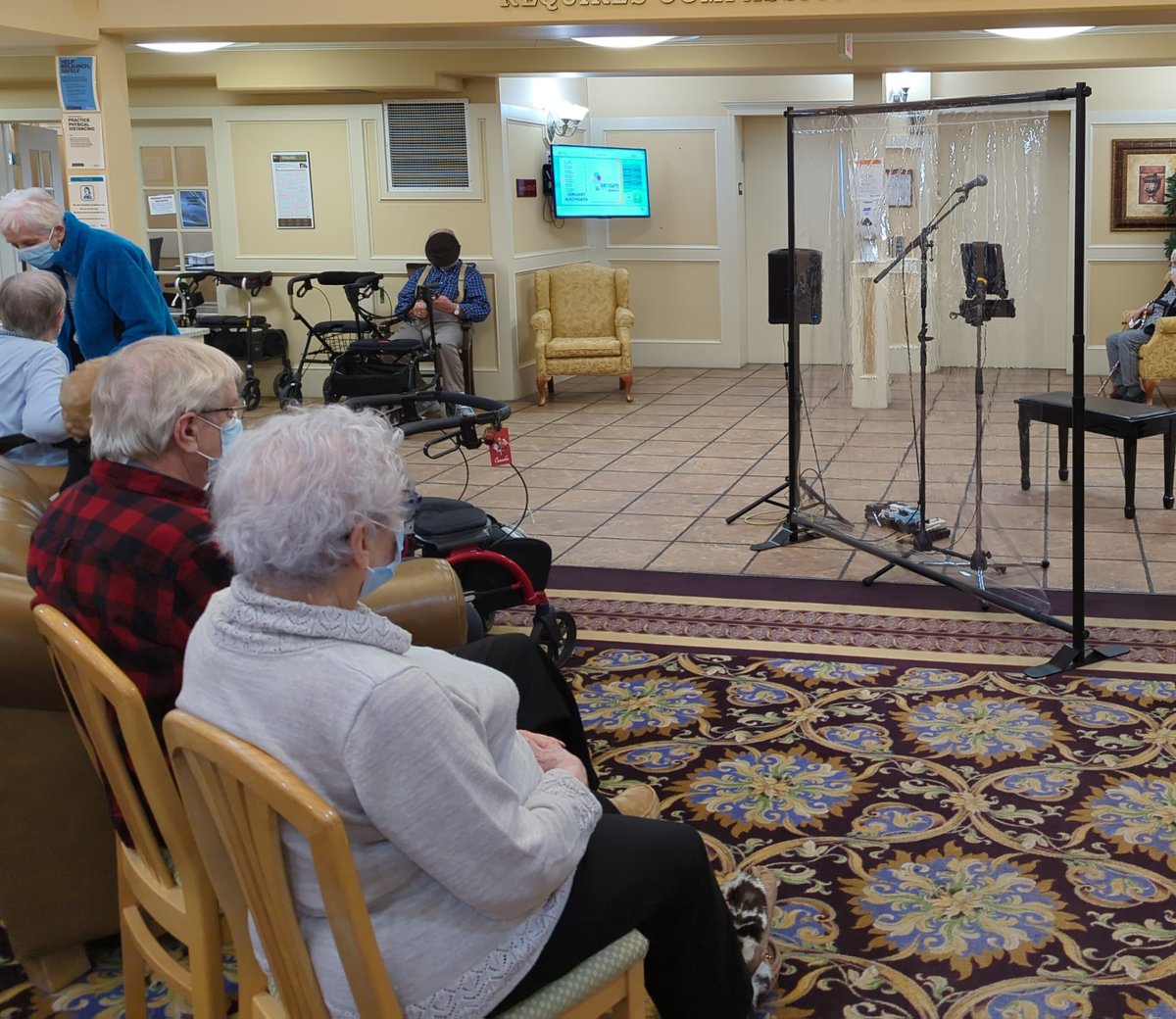 djarvey's tweet photo. Setup for recent performances at seniors residences.   I've performed nine times in two months for seniors!  Things are loosening up a bit, and we are getting a handle on how to manage Covid. I feel very safe and appreciated by residents and staff. https://t.co/owoO5p4a41