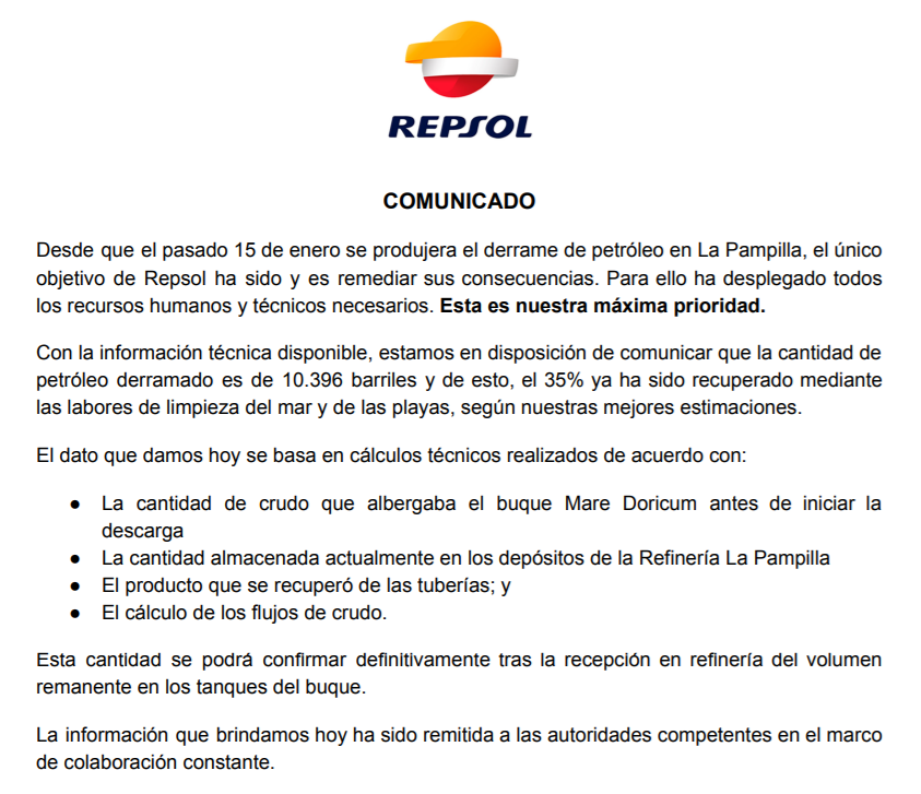Ojo_Publico's tweet photo. Luego de que, esta tarde, el Gobierno revelara que la cantidad real de petróleo derramado en el 🌊 de Ventanilla era de 11.900 barriles, y no de 6.000 como se creía, la empresa #Repsol envió un comunicado donde indica que la cantidad exacta de crudo vertido es de 10.396 barriles. https://t.co/iyIS20gAhC