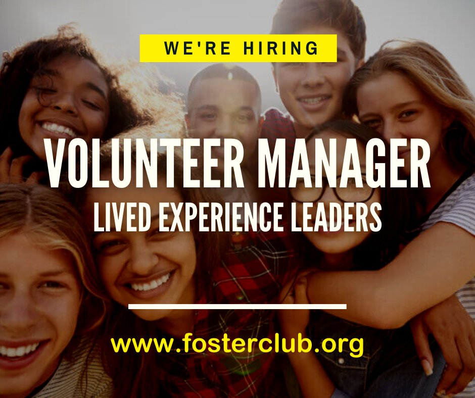 fosterclub's tweet photo. Join the FosterClub team! We are hiring a qualified volunteer manager to work with our incredible Lived Experience Leaders. Check out the full job description and apply at https://t.co/5ucP7ds3ly. #FosterClub #FosterCare #NonprofitJobs https://t.co/vO2F4woww5