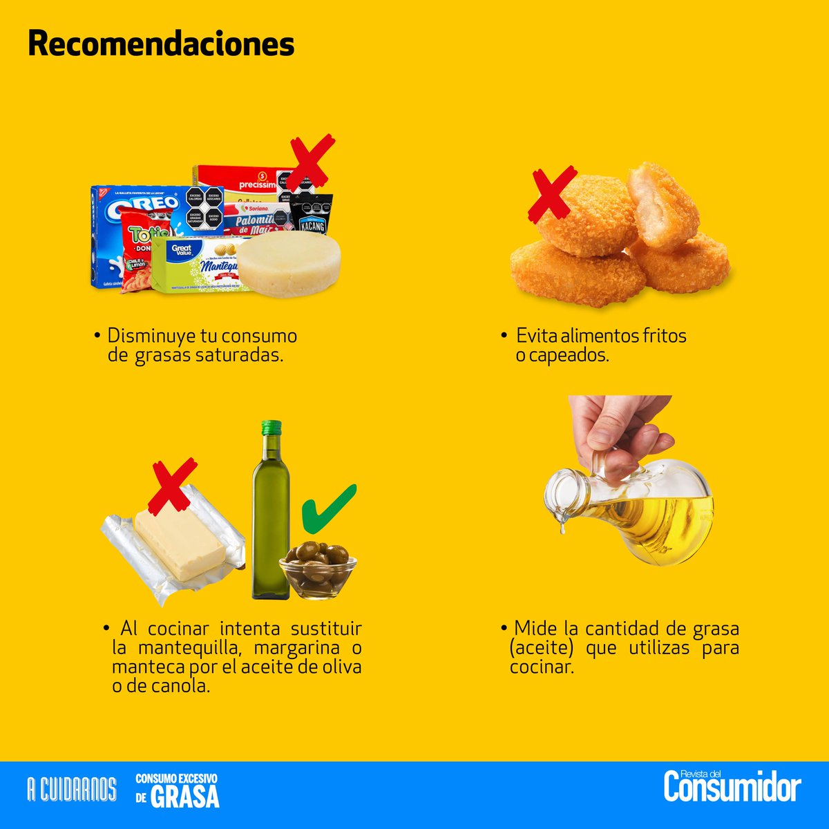 Profeco's tweet photo. 🤔#SabíasQué El consumo de grasa en exceso es una de las principales causas de enfermedades en nuestro país.
💙En #ACuidarnos te damos más información acerca de las grasas y algunas recomendaciones para reducir su consumo y así cuides la salud de tu familia. 👨👩👧❤️ https://t.co/JKCylf57LY