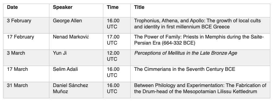 ipfm_bce's tweet photo. We are pleased to announce the spring 2022 program. 
The first discussion on 3 February at 4 pm UTC will be spearheaded by George Allen, who is presenting on "Trophonius, Athena, and Apollo: The growth of local
cults and identity in first millennium BCE Greece" https://t.co/GHPXDRmf74
