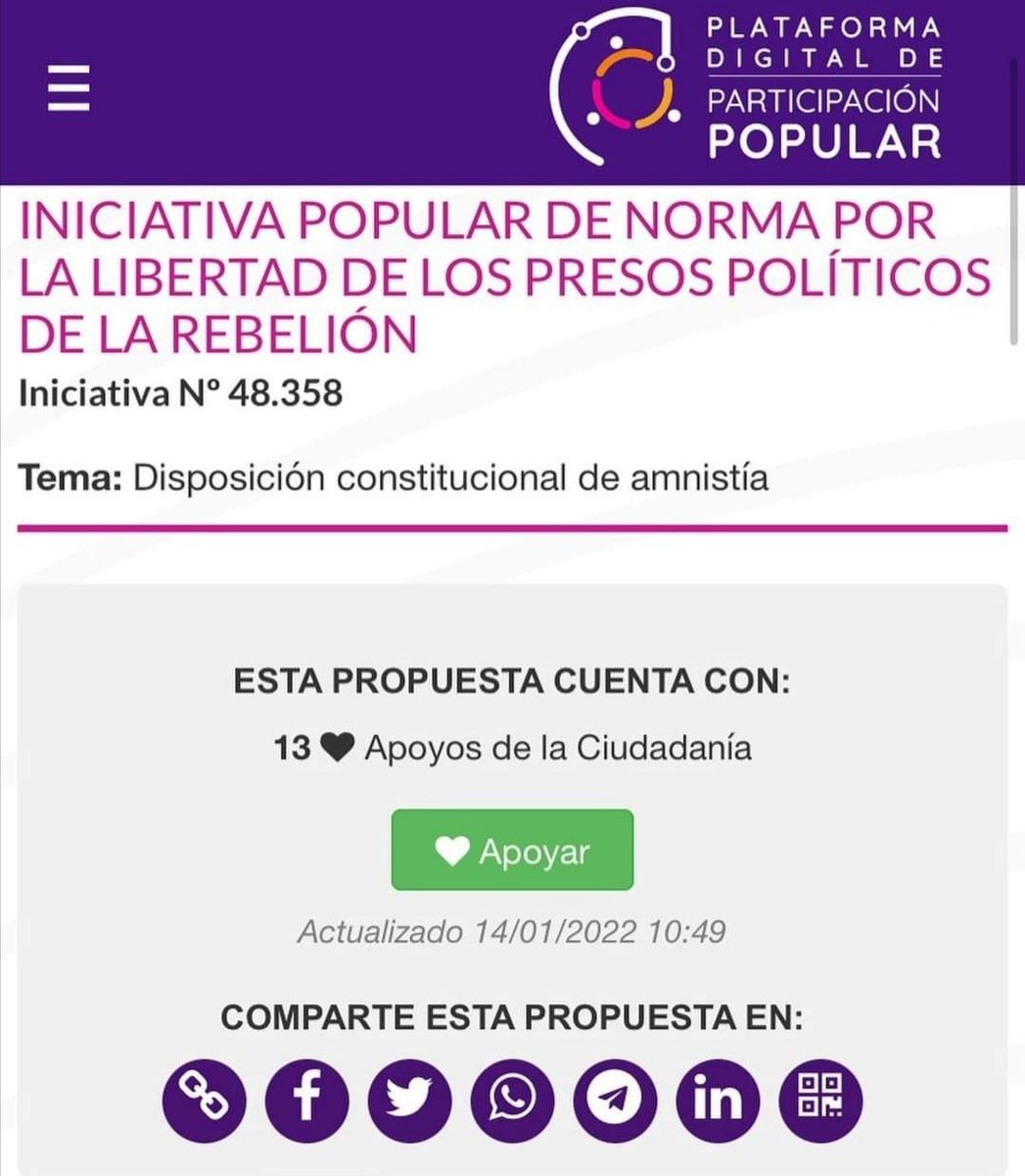 Apañemos la iniciativa de norma por la Libertad de los Presos Políticos de la Revuelta🖤.

La prisión preventiva ha sido utilizada como instrumento político contra quienes han decidido cuestionar el actual modelo.

<a href="/OFAPP1/">OFAPP</a> <a href="/Gapp_DDHH/">GAPP</a>
<a href="/DignidadFabiola/">Senadora Fabiola Campillai</a> <a href="/urrutilaubreaux/">Daniel Urrutia Laubreaux</a>
<a href="/2epinforma/">EL PUEBLO INFORMA</a>